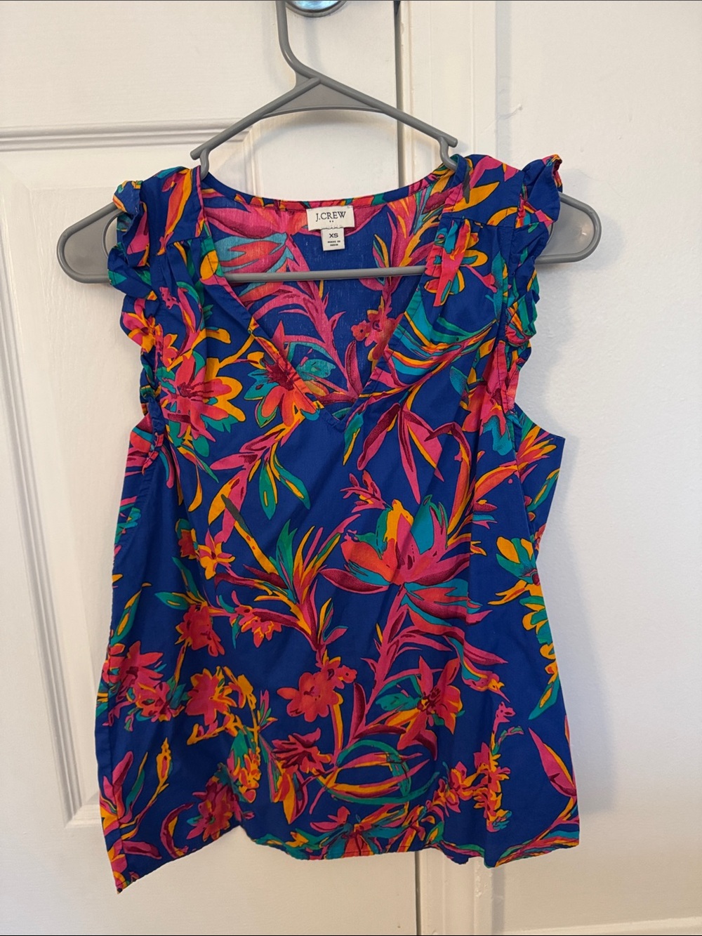 J. Crew Factory Blue Floral Ruffle Sleeve Top